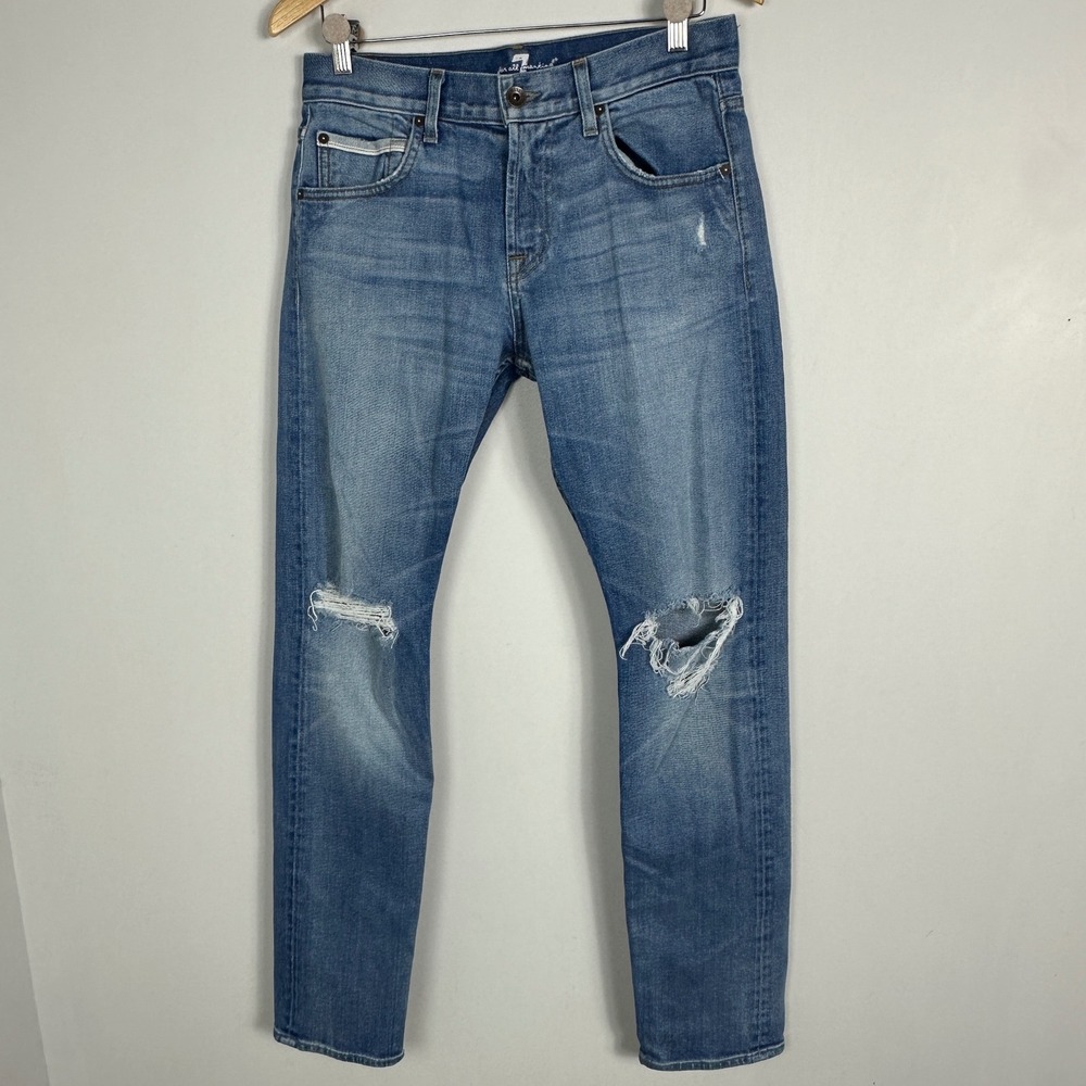 7 For All Mankind Mens Jeans Paxton Blue Size 30 USA Made Stretch Denim Distress